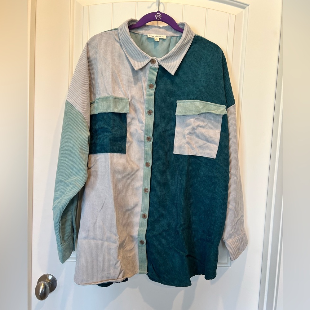 Colorblock Corduroy lightweight Shacket Shirt Jacket Green Teal tones 2X New